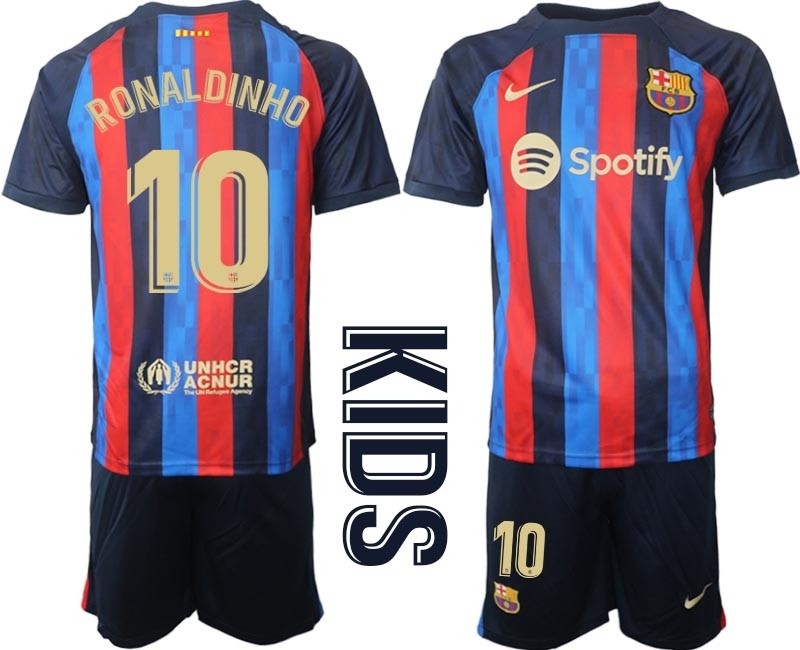 2022-23 Youth Barcelona #10 Ronaldinho Blue and Red Home jersey