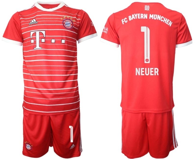 2022-23 FC Bayern Munchen #1 Neuer Red stripes Home Soccer Jersey