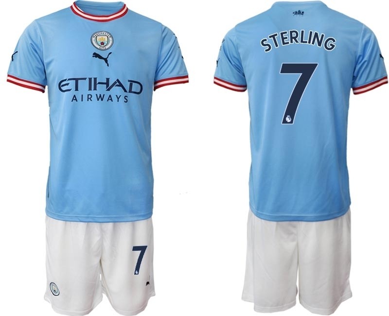 2022-23 Manchester City #7 Raheem Sterling Blue Home Soccer Jersey