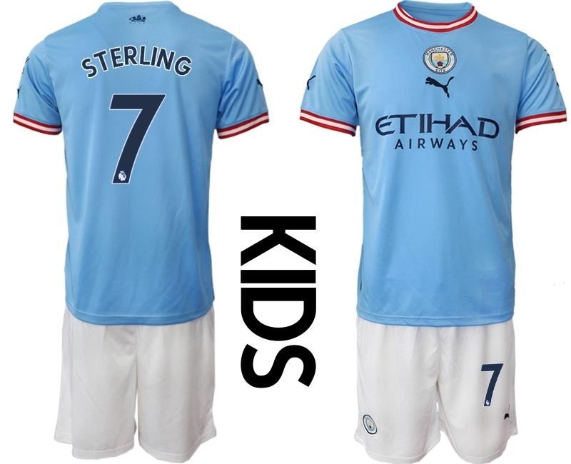 2022-23 Youth Manchester City #7 Raheem Sterling Blue Home Soccer Jersey