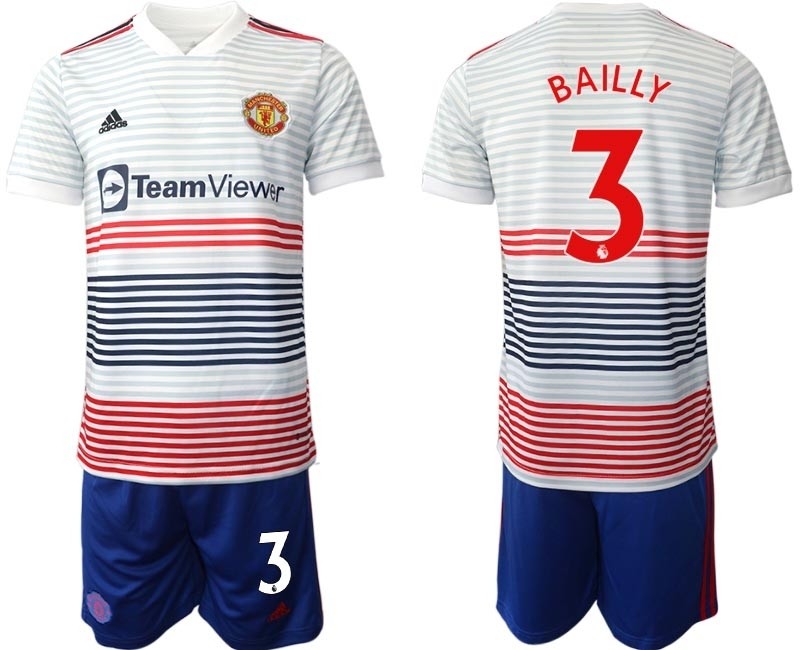 2022-23 Manchester United #3 Eric Bailly White stripes Away Soccer Jersey