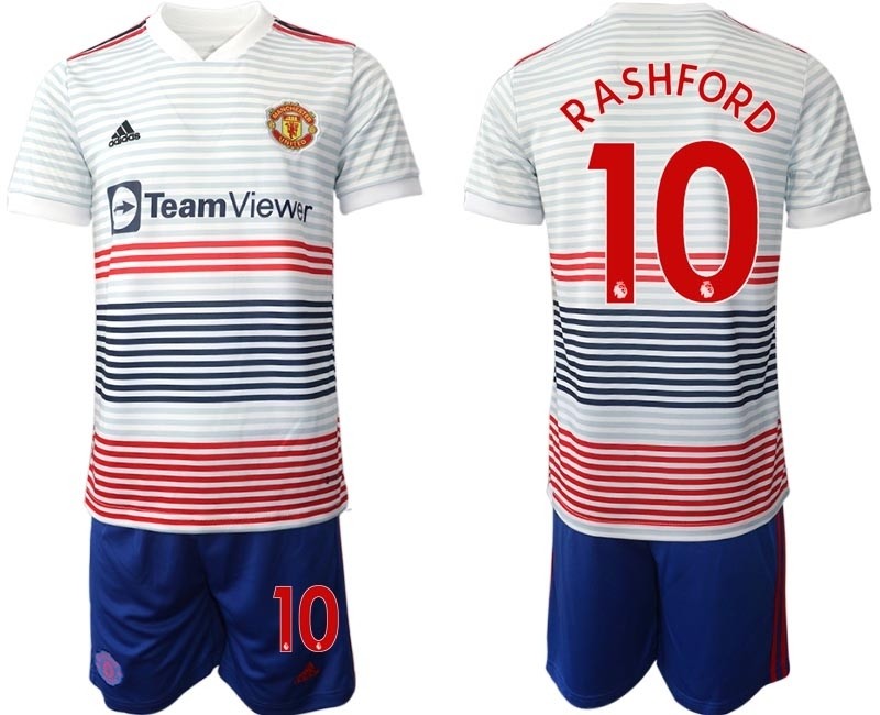 2022-23 Manchester United #10 Marcus Rashford White stripes Away Soccer Jersey