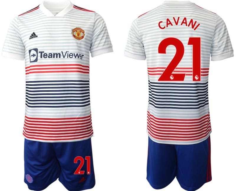 2022-23 Manchester United #21 Edinson Cavani White stripes Away Soccer Jersey