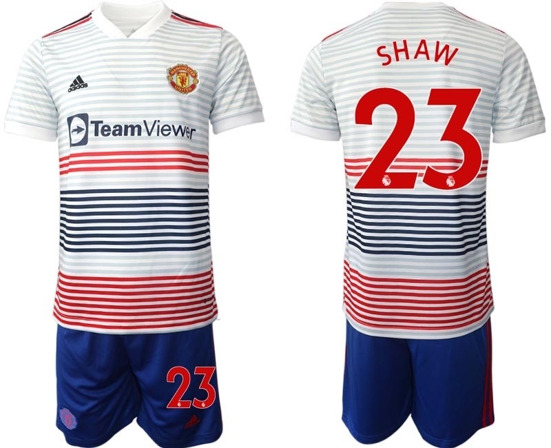 2022-23 Manchester United #23 Luke Shaw White stripes Away Soccer Jersey