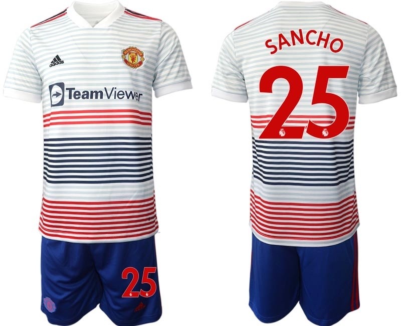 2022-23 Manchester United #25 Jadon Sancho White stripes Away Soccer Jersey