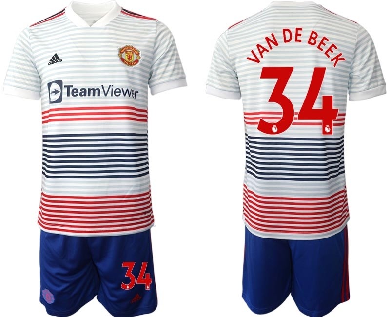 2022-23 Manchester United #34 Donny Van de Beek White stripes Away Soccer Jersey