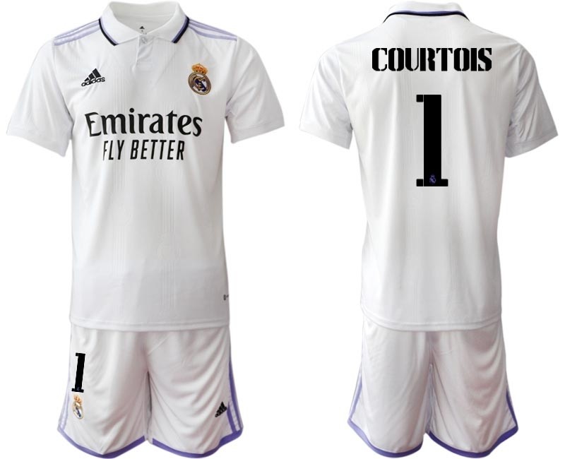 2022-23 Real Madrid #1 Thibault Courtois White with Black word Home Soccer Jersey