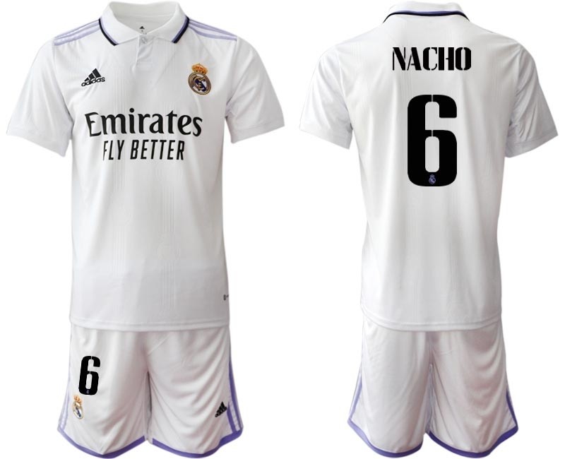 2022-23 Real Madrid #6 Nacho White with Black word Home Soccer jersey