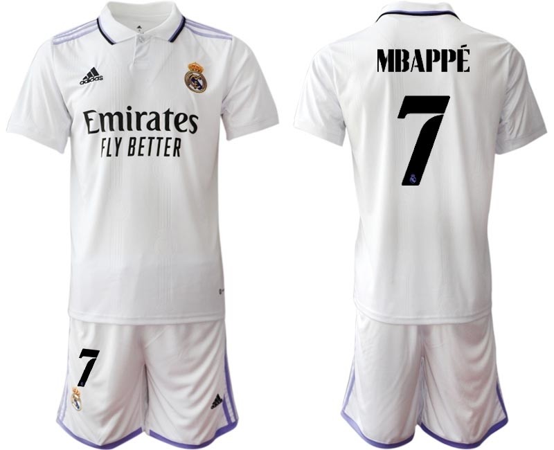 2022-23 Real Madrid #7 Kylian Mbappe White with Black word Home Soccer jersey