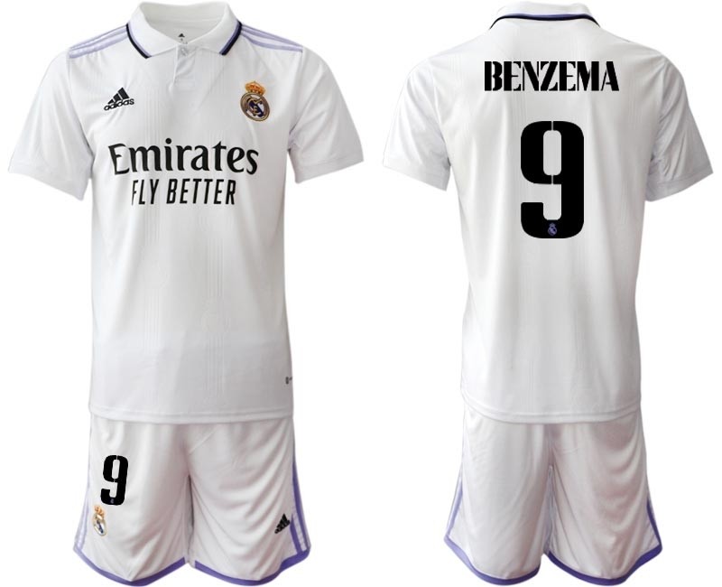 2022-23 Real Madrid #9 Karim Benzema White with Black word Home Soccer jersey