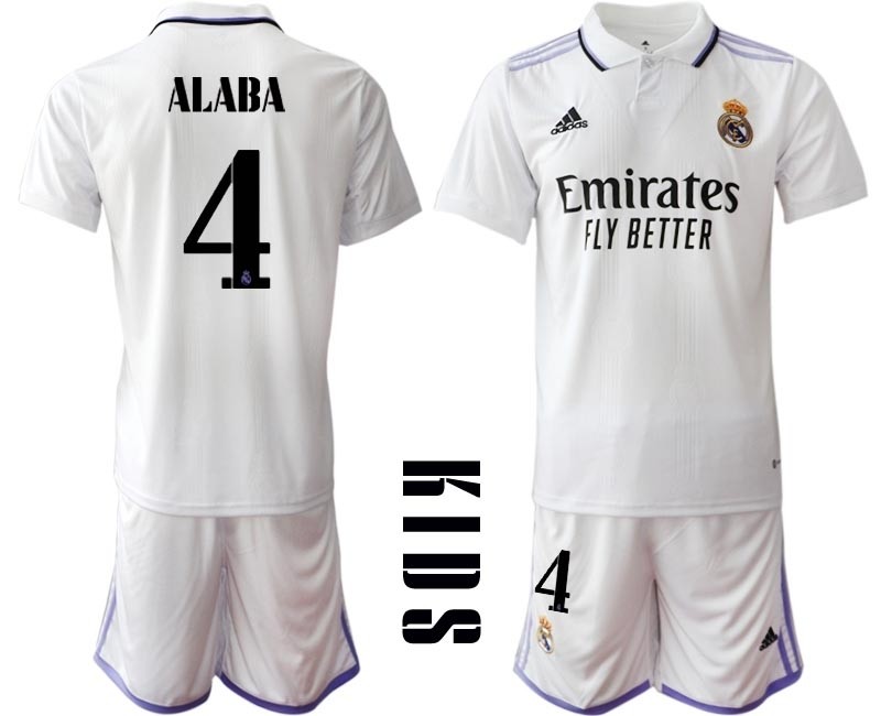 2022-23 Youth Real Madrid #4 David Alaba White with Black word Home Soccer jersey