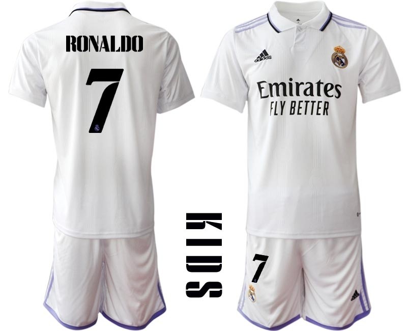 2022-23 Youth Real Madrid #7 Cristiano Ronaldo White with Black word Home Soccer jersey