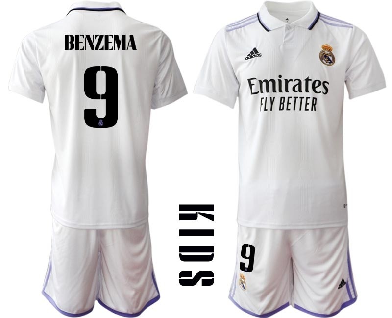 2022-23 Youth Real Madrid #9 Karim Benzema White with Black word Home Soccer jersey