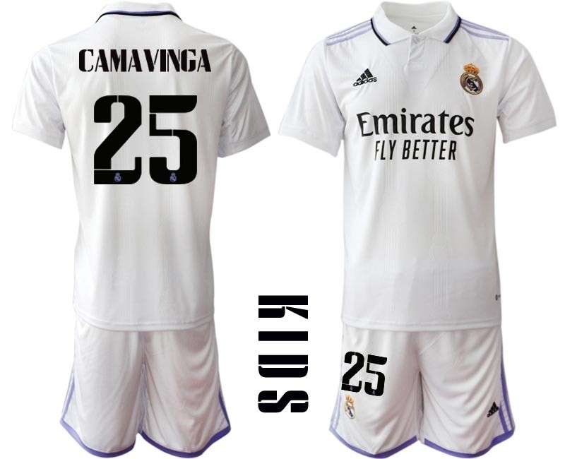 2022-23 Youth Real Madrid #25 Camavinga White with Black word Home Soccer jersey