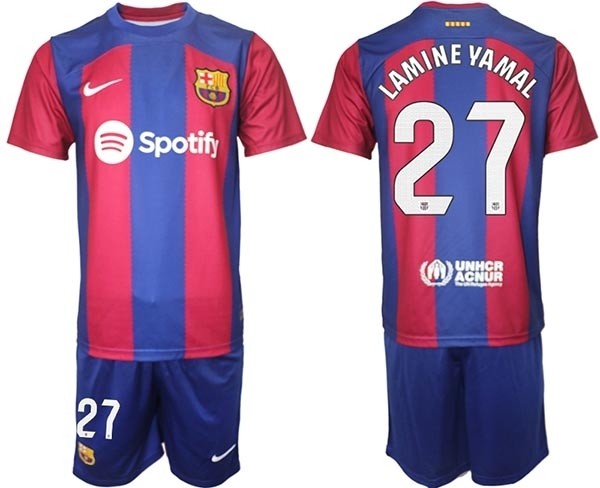 2023-24 Barcelona #27 Lamine Yamal Blue and Red Home jersey