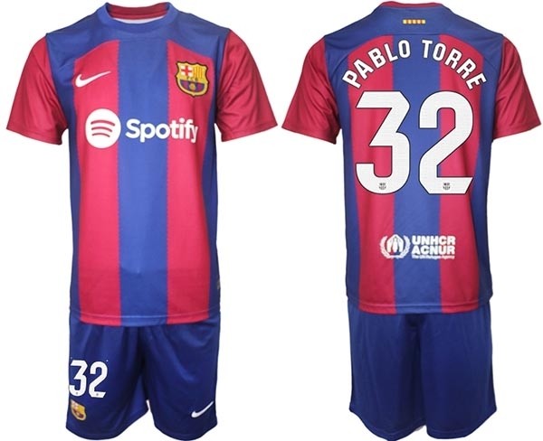 2023-24 Barcelona #32 Pablo Torre Blue and Red Home jersey