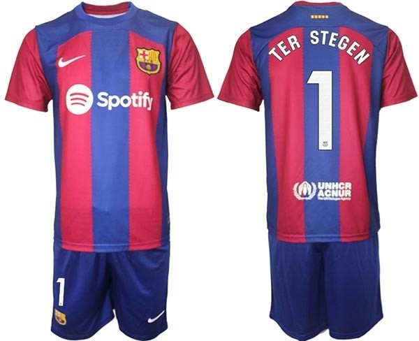 2023-24 Barcelona #1 Ter Stegen Blue and Red Home jersey