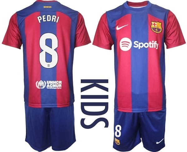 2023-24 Youth Barcelona #8 Pedri Blue and Red Home jersey