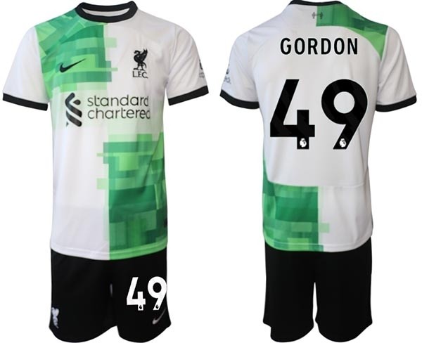 2023-24 Liverpool #49 Kaide Gordon White-Green Away Soccer Jersey