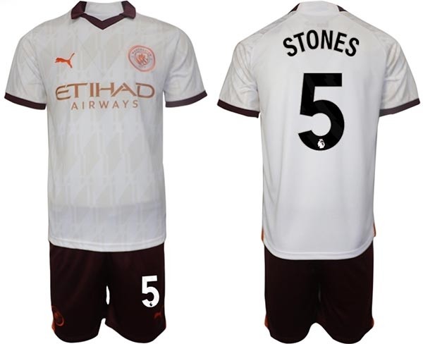 2023-24 Manchester City #5 John Stones White Away Soccer Jersey