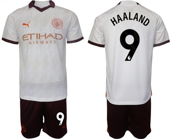 2023-24 Manchester City #9 Erling Haaland White Away Soccer Jersey