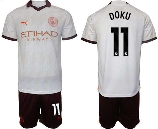 2023-24 Manchester City #11 Jeremy Doku White Away Soccer Jersey