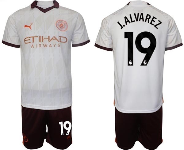 2023-24 Manchester City #19 J.Alvarez White Away Soccer Jersey