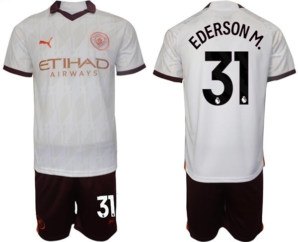 2023-24 Manchester City #31 Ederson M. White Away Soccer Jersey