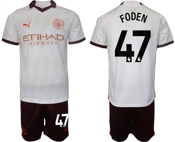 2023-24 Manchester City #47 Phil Foden White Away Soccer Jersey