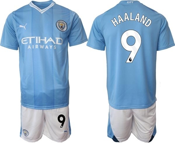 2023-24 Manchester City #9 Erling Haaland Blue Home Soccer Jersey