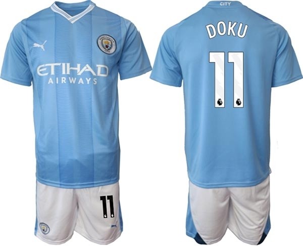 2023-24 Manchester City #11 Jeremy Doku Blue Home Soccer Jersey