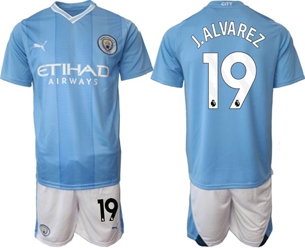 2023-24 Manchester City #19 J.Alvarez Blue Home Soccer Jersey