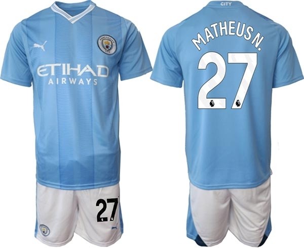 2023-24 Manchester City #27 Matheusn. Blue Home Soccer Jersey