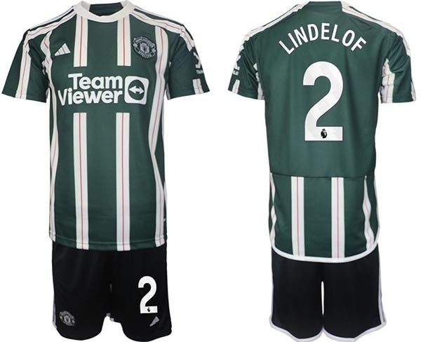 2023-24 Manchester United #2 Victor Lindel?f Green-White Stripes Away Soccer Jersey