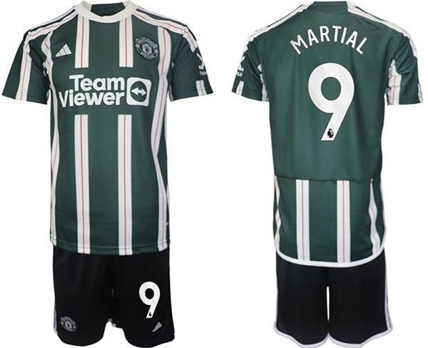 2023-24 Manchester United #9 Anthony Martial Green-White Stripes Away Soccer Jersey