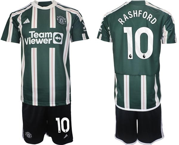 2023-24 Manchester United #10 Marcus Rashford Green-White Stripes Away Soccer Jersey