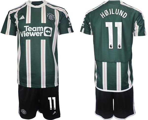 2023-24 Manchester United #11 Rasmus Hojlund Green-White Stripes Away Soccer Jersey