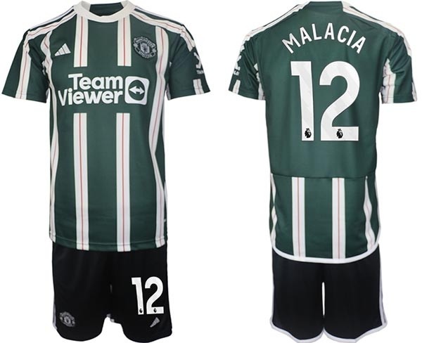 2023-24 Manchester United #12 Tyrell Malacia Green-White Stripes Away Soccer Jersey