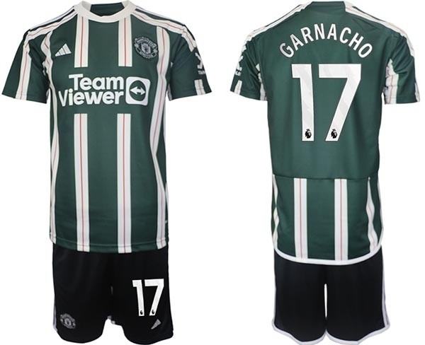 2023-24 Manchester United #17 Alejandro Garnacho Green-White Stripes Away Soccer Jersey