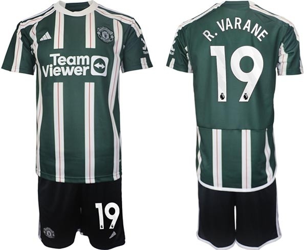 2023-24 Manchester United #19 R.Varane Green-White Stripes Away Soccer Jersey