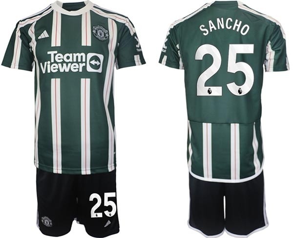 2023-24 Manchester United #25 Jadon Sancho Green-White Stripes Away Soccer Jersey