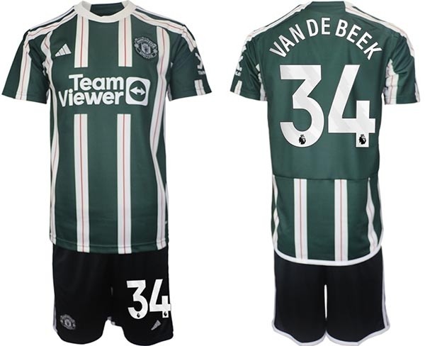 2023-24 Manchester United #34 Donny van de Beek Green-White Stripes Away Soccer Jersey