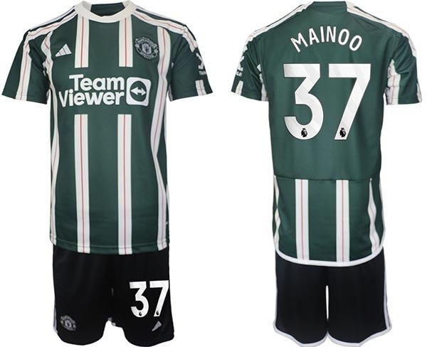 2023-24 Manchester United #37 Kobbie Mainoo Green-White Stripes Away Soccer Jersey