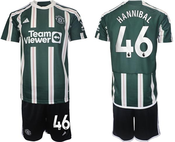 2023-24 Manchester United #46 Hannibal Mejbri Green-White Stripes Away Soccer Jersey