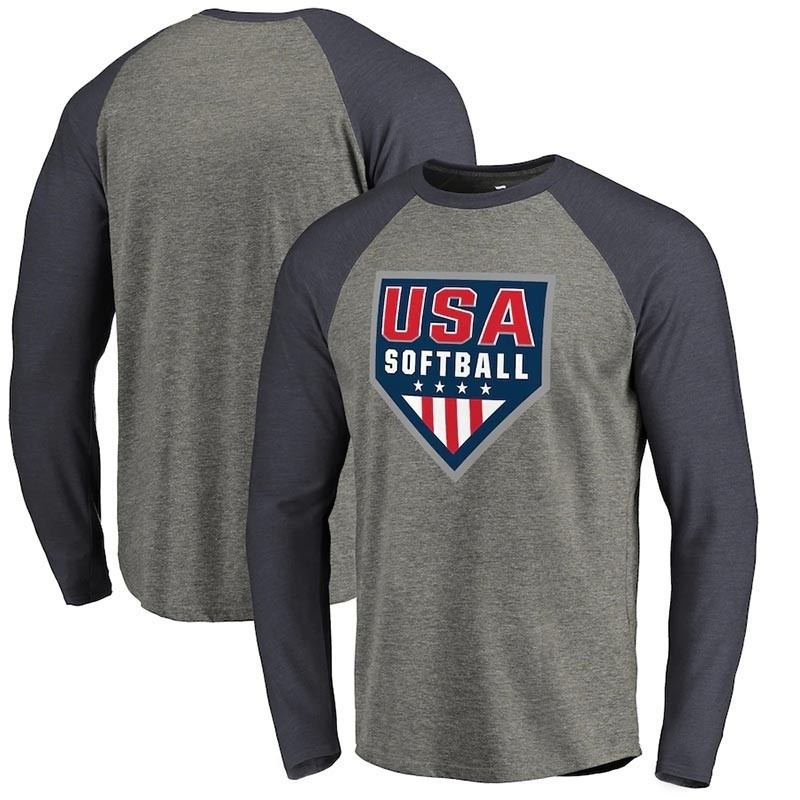 USA Softball Fanatics Branded Primary Logo Tri-Blend Raglan Long Sleeve Ash T-Shirt