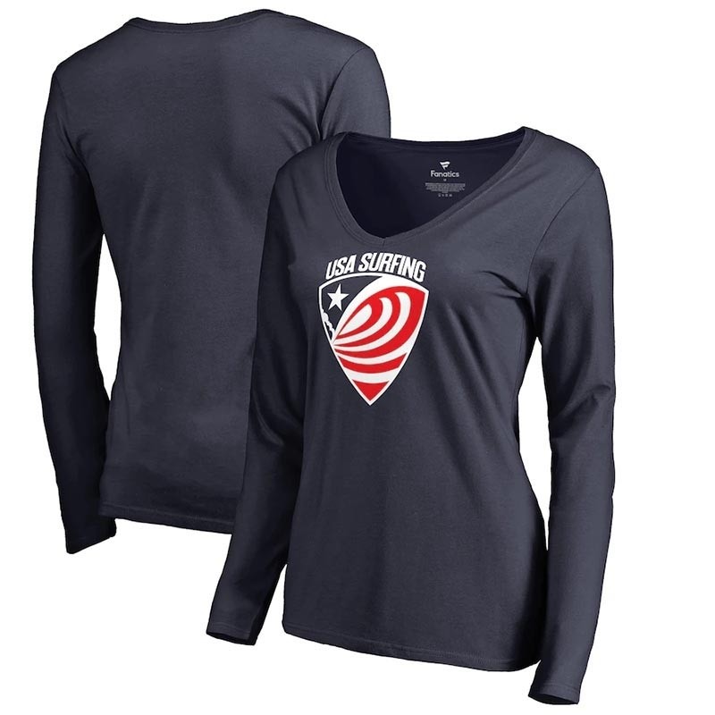 USA Surfing Fanatics Branded Women's Primary Logo Long Sleeve V-Neck Navy T-Shirt