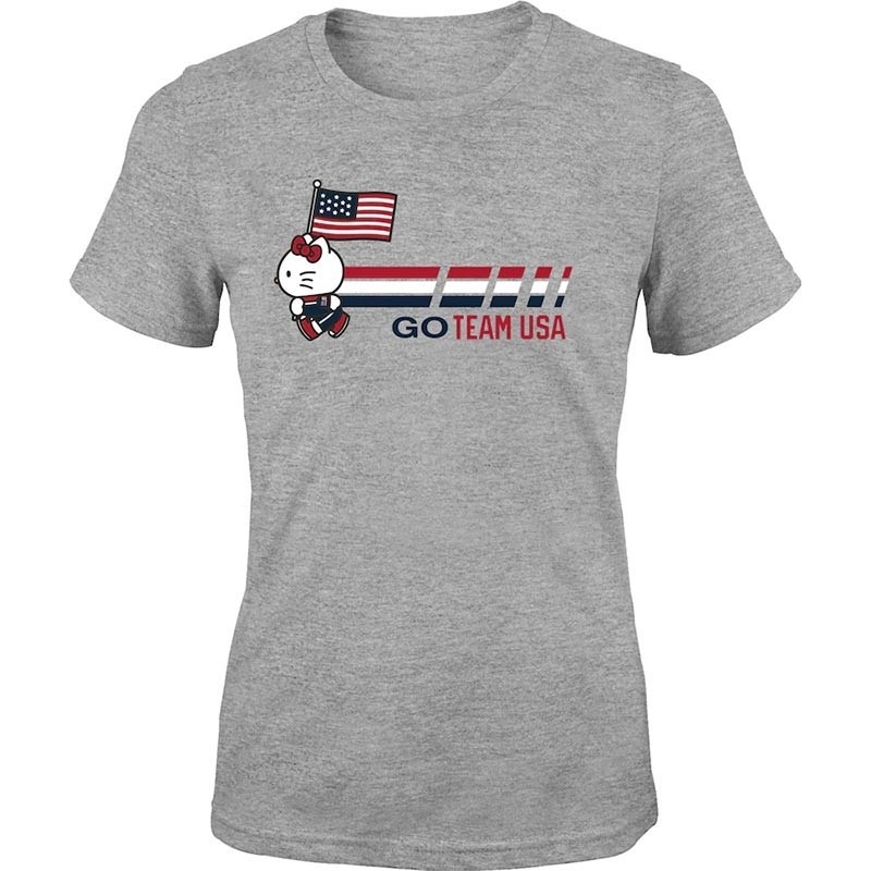 Team USA x Hello Kitty Girls Youth Running with Flag Heathered Gray T-Shirt